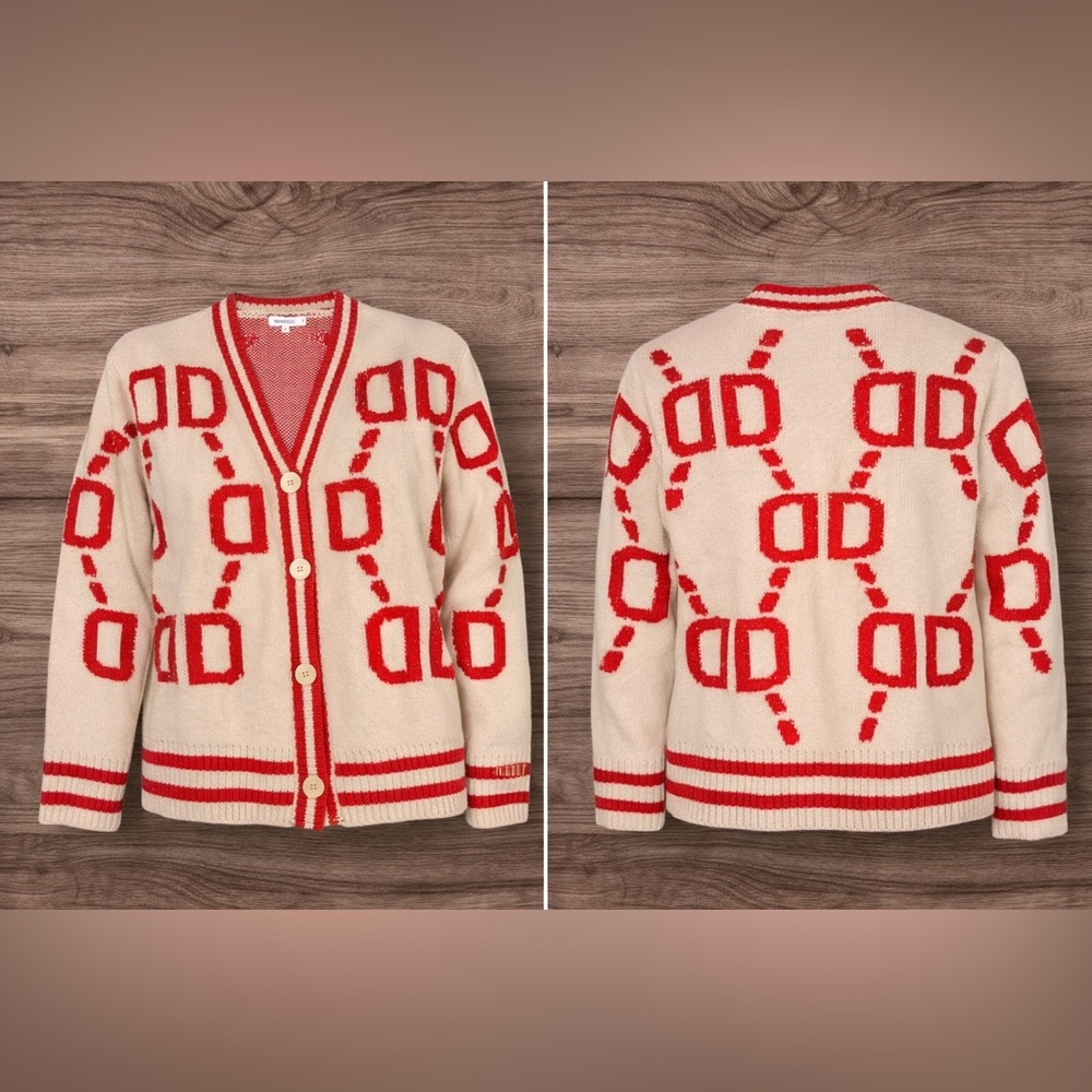 Immodel Cardigan Sweater Size L Red‎ Cream Pattern Button Front Cozy Chic - Picture 2 of 6